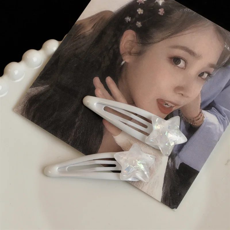 

2Pcs Sweet Cute Snap Clip Hairpin Barrettes Bangs Side Clip Women Girls Korean Style Fashion Hair Styling Accessories White Star