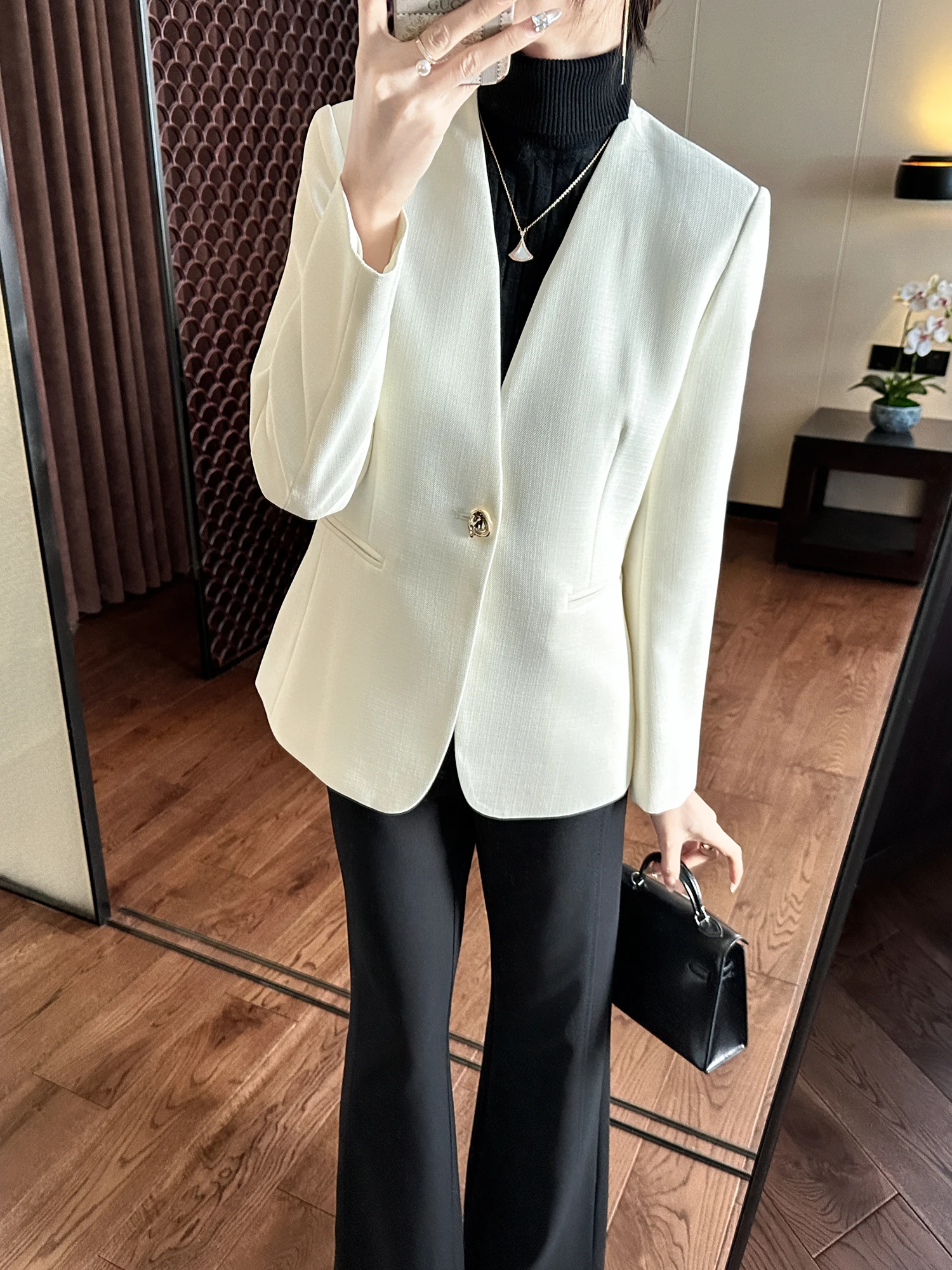 

You See Comfortable Texture High-End Feel One-Button Nel Suit Jaet Women's Commute Sle Breathable Long Sve V-Ne