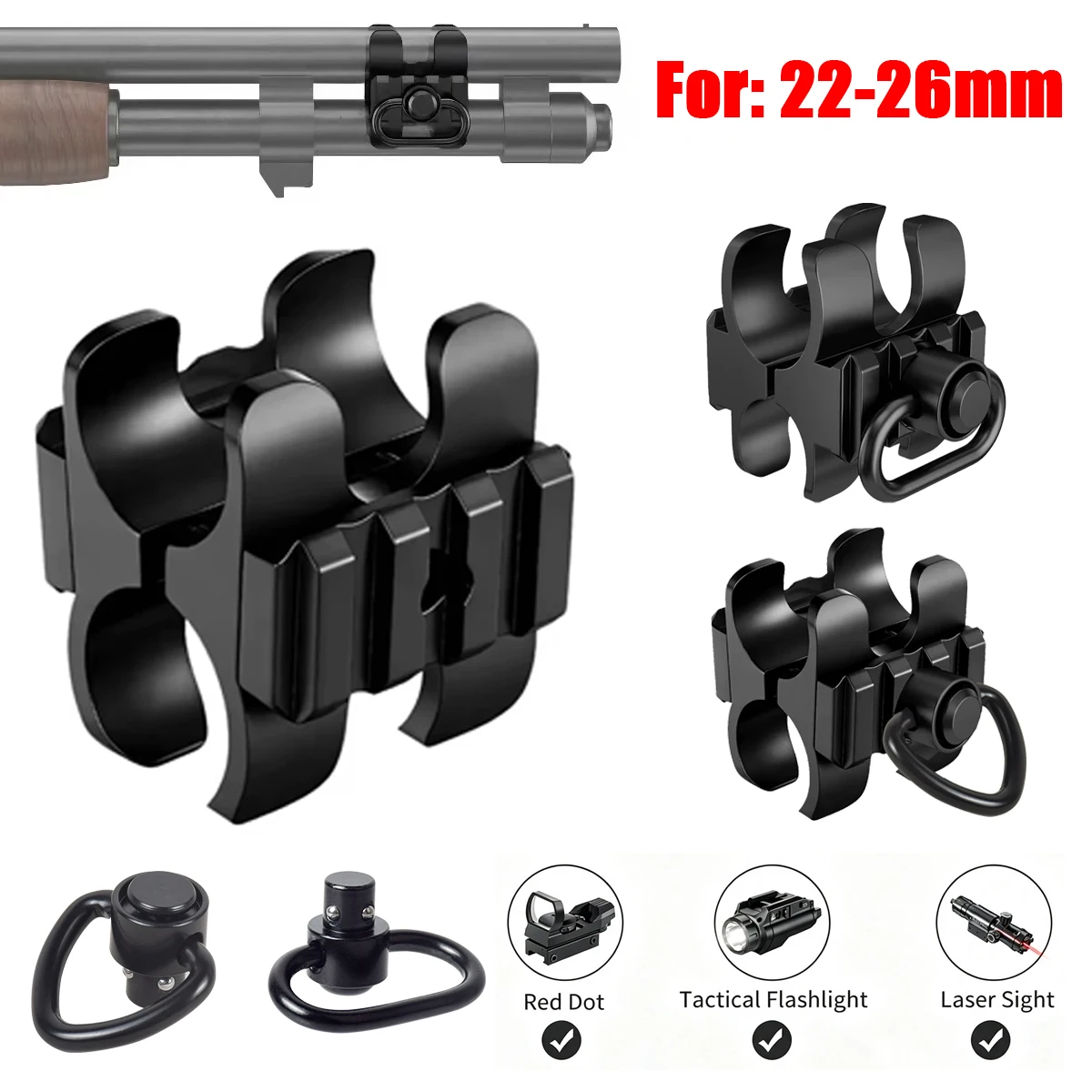Tactical 22-26mm Barrel Clamp Mount with QD Sling Swivel 3-Slots 20mm Rail Mount for 12GA Lasers RM Red Dot Surefire Flashlight