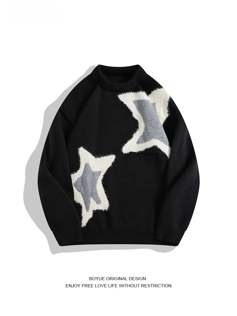 

BOYUE Lazy Sle Star Color Blo Knitted Sweater Men's Casual Vintage Hong Kong Sle Knitwear Long Sve round Ne Top