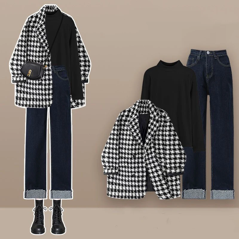 Autumn/Winter New Checkered Plush Jacket Blazer White Chiffon Shirt Blouse Jeans 3-Piece Elegant Women's Pants Set