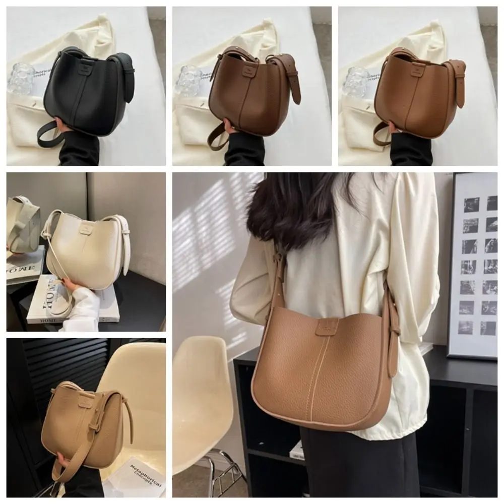 with Inner Pouch Lichee Pattern Crossbody Bag Large Capacity Solid Color PU Bucket Bag Mommy Bag Korean Style Shoulder Bag