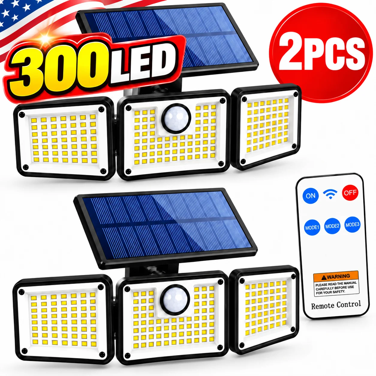 1/2pcs 300LED Solar Motion Sensor Lights Outdoor with Remote Control, 3 Adjustable Heads, 3 Lighting Modes, IP65 Waterproof Security Wall Lights for Yard, Garage, Porch, Garden, Patio & Driveway