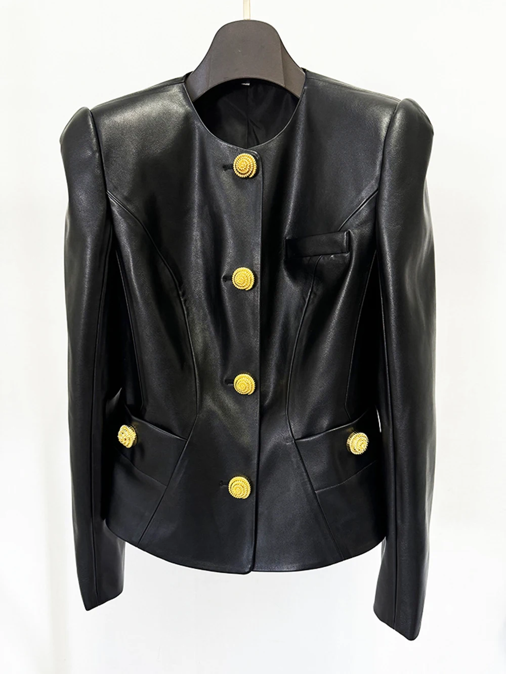 Modphy 2025 New Women'S Black Pu Leather Shiny Shrug Slim Small Suit High Quality Y2K Button Decorated Fashion Jacket