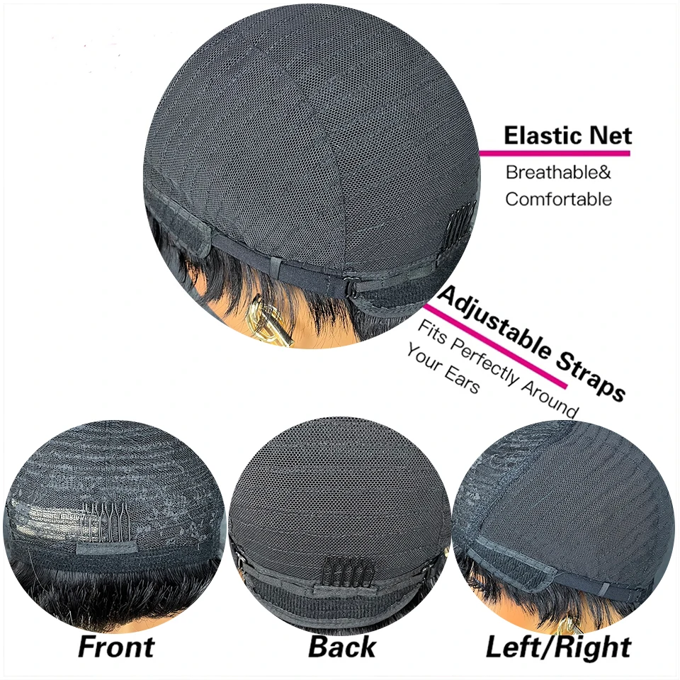 1B/60 ショートピクシーカット人毛ウィッグ、前髪付き、オンブレブラックミックスホワイト＆ブルーストレートブラジル人毛マシンメイドウィッグ