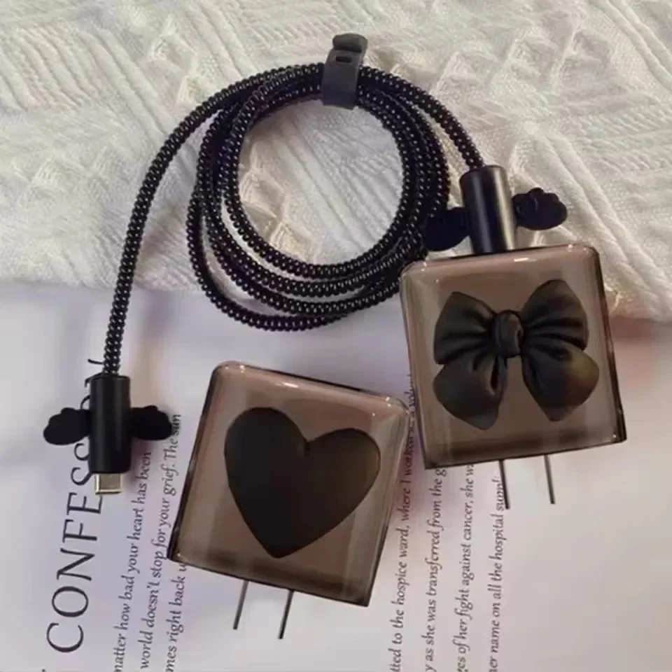 Black Love Bow 5pcs/set Charging Data Cable Protector Winder Accessories For iPhone 18/20w Charger Protective Cover view 3