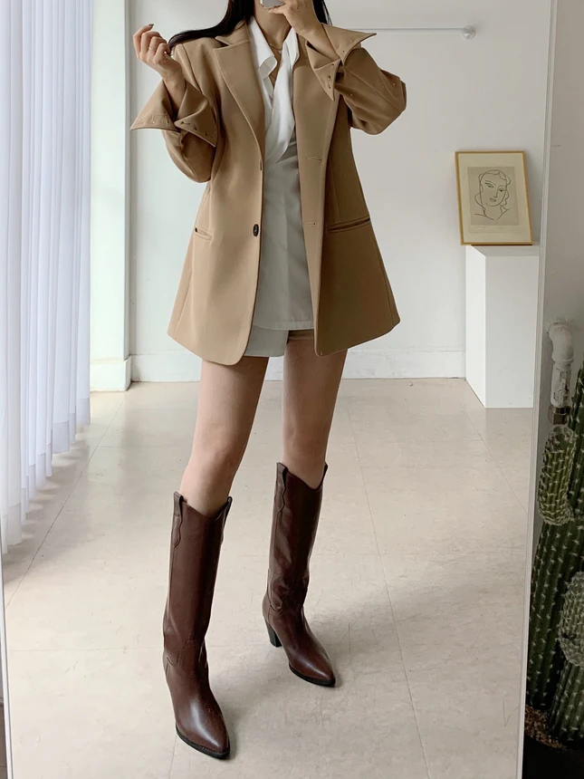 

Retro Women's Suit Jaet Chic Autumn Sle Loose Fit Tailored Design Korean Faion Polyester Fiber Commute Appropriate