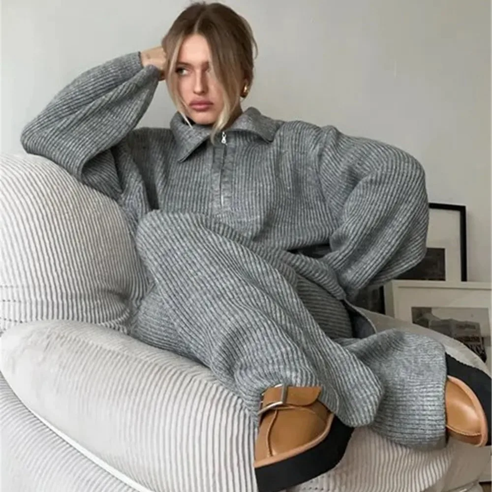 Autumn Winter New Casual Loose Knitted Women's Sweater Set Half Zipper Hoodie Top and Wide Leg Trousers Two-piece Set Streetwear