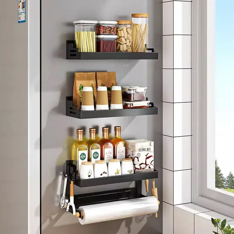 Magnetic Refrigerator Shelves Kitchen Wall mounted Side Refrigerator Storage Rack Bag Seasoning Storage Organizer Space Saving