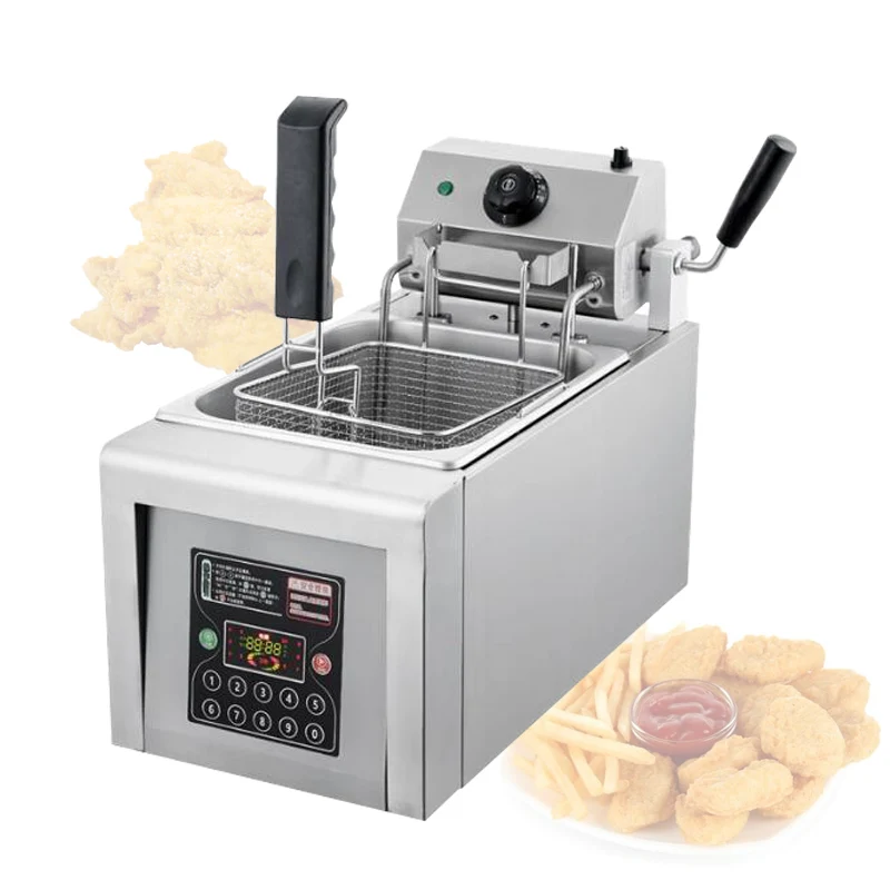 Commercial Deep Fryer Electric Table Type Fryer With Basket Stainless Steel Single Oil Fryer W/Time & Automatic Lifting