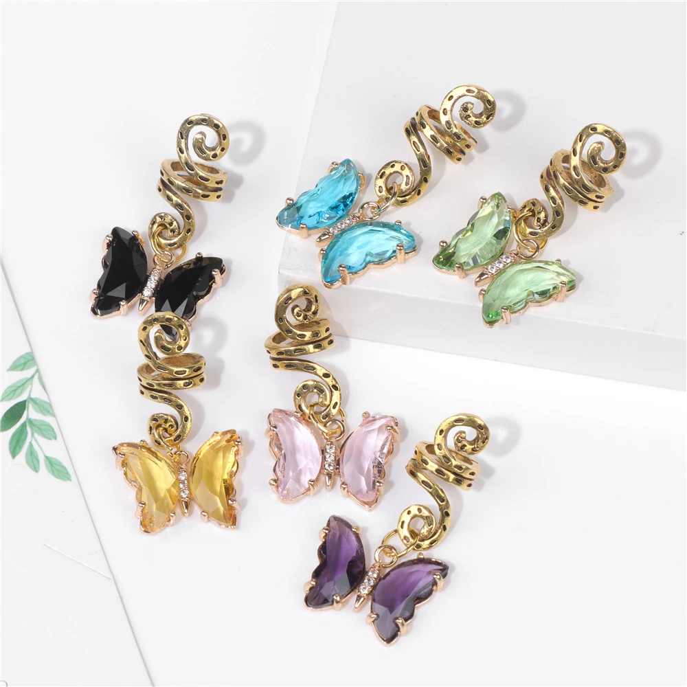 Colorful Crystal Butterfly Pendant Hair Accessories For Women Headwear Dreadlock Hairpin Spiral Hair Clips Dirty Braid Jewelry