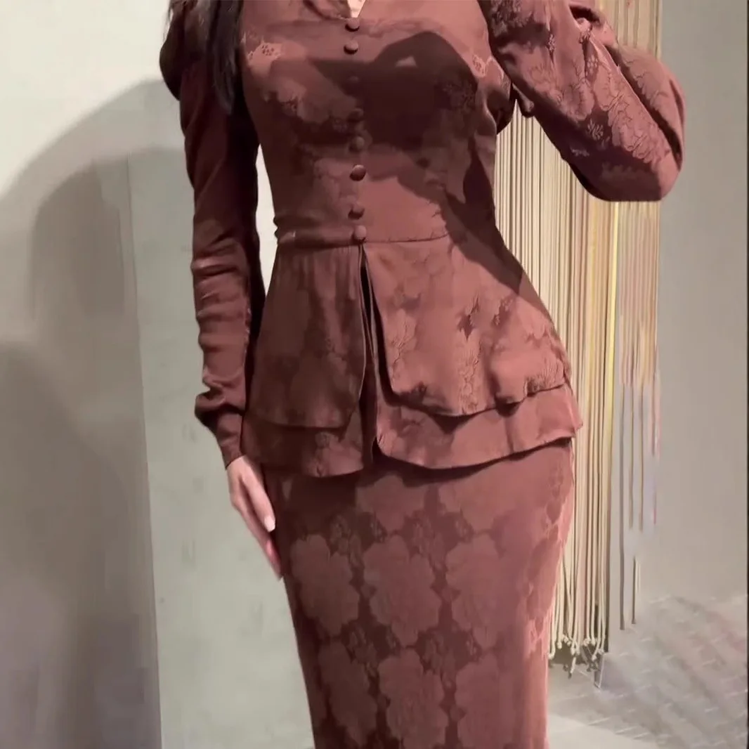 الخامس الرقبة زر الجبهة كشكش تنحنح كم طويل بلوزة عالية الخصر ضئيلة ميدي تنورة قطعتين مجموعة المرأة فستان ريترو الزي الرسمي #4