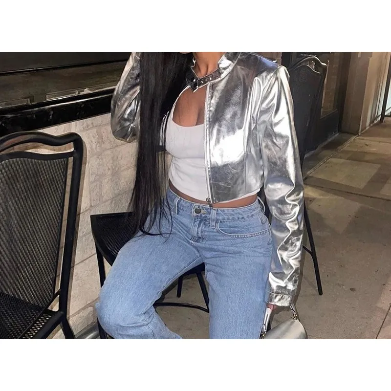 Metallic Silver Cropped Jacket Women Spring Autumn 2026 Zip Up Bomber Jacket Round Neck Long Sleeve Sweatshirt Coat Outerwear