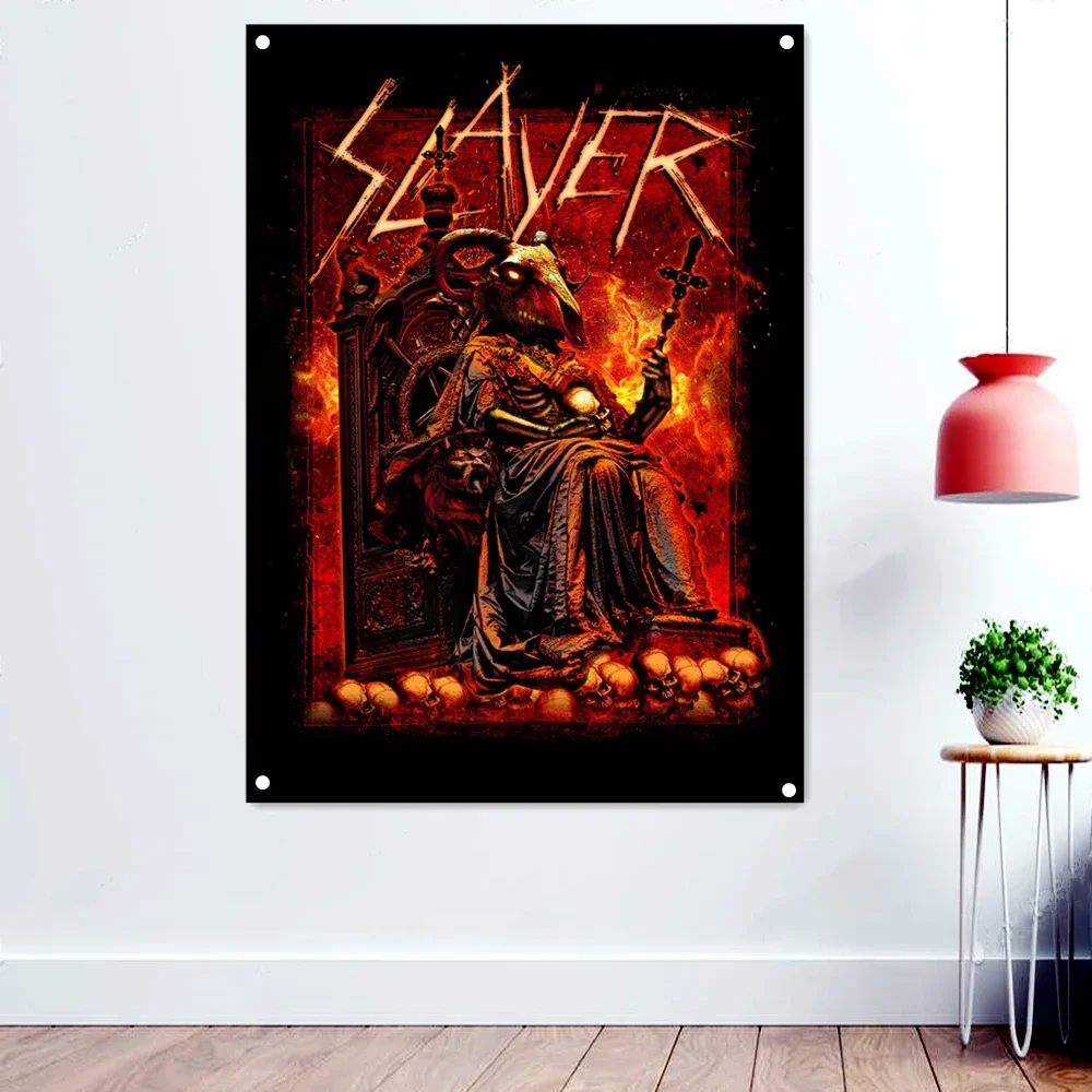 King of Hell Skull Art Rock N Roll Poster Polyethylene Hanging Cloth Heavy Metal Music Banner Painting Flag Four Metal Buckle