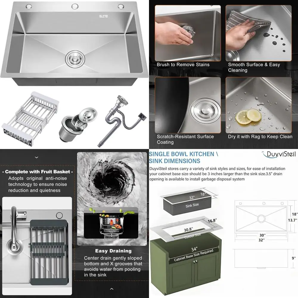 

Stainless Steel Single Bowl Kitchen Sink with Nano-Coating, 32 x 18 Inches, Topmount Design, Includes Drain Kit and Baskets