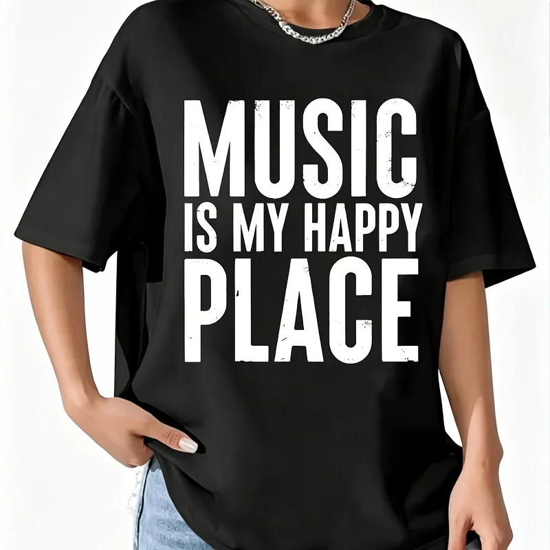 Music Is My Happy Place Inspiring Music Gift Women's 100% Cotton T-Shirt Short Sleeve Top Casual Round Neck Fun Print Tee S-5Xl