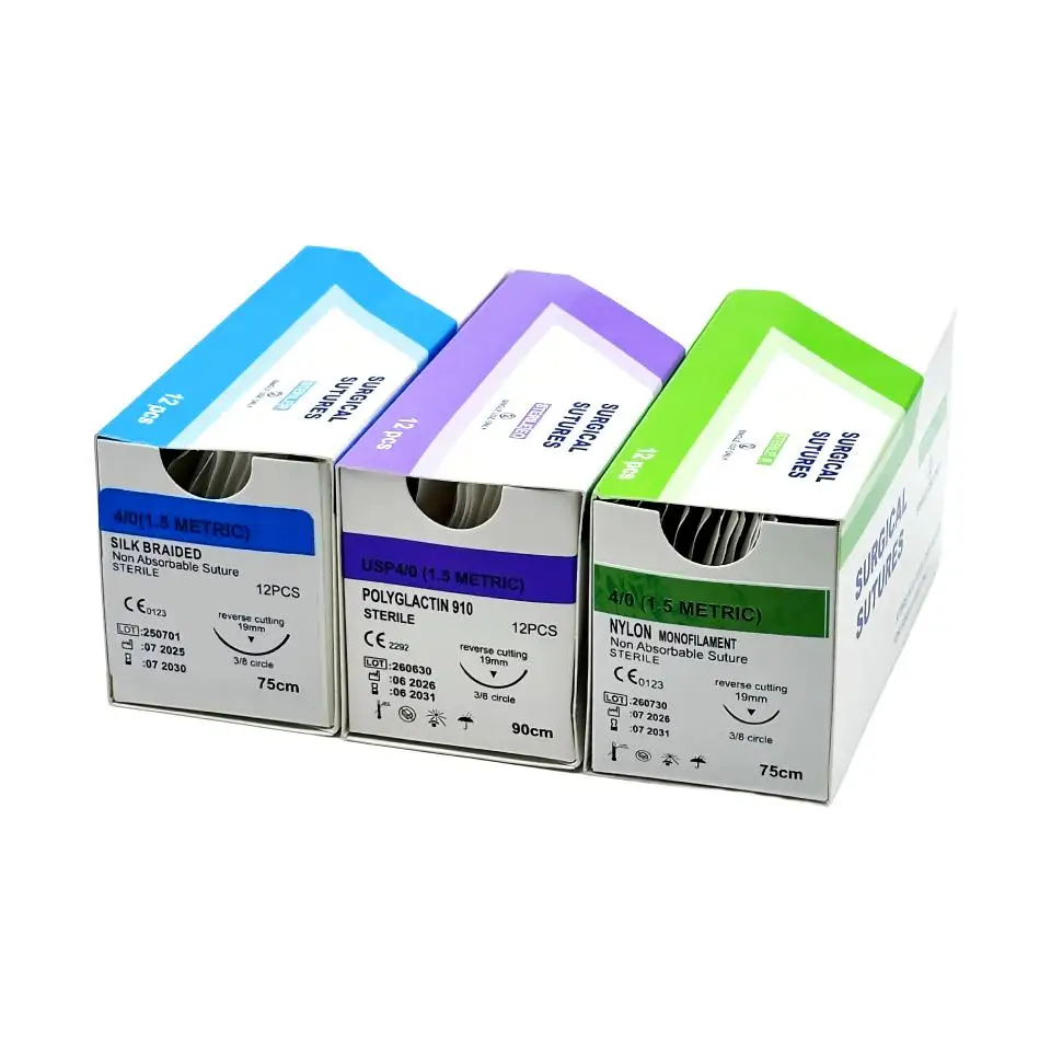 12Pcs Sterile Surgical Suture Thread Needle Kit Polyglactin 910 Nylon Silk 2/0 3/0 4/0 19-30mm Practice Medical Supply Direct
