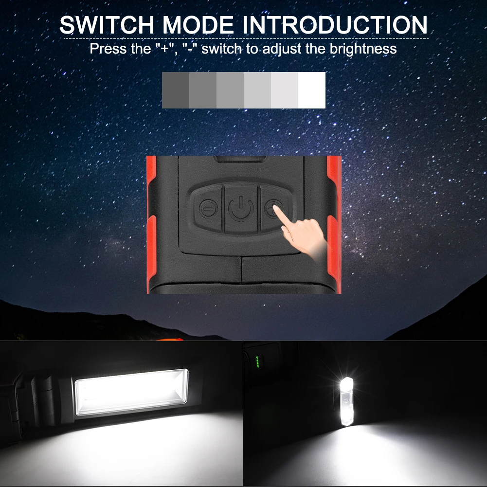 E2 COB LED Work Light Dimmable USB Rechargeable EDC Flashlight Inspection Lamp with Magnetic Hook Power Bank 18650 Battery Torch