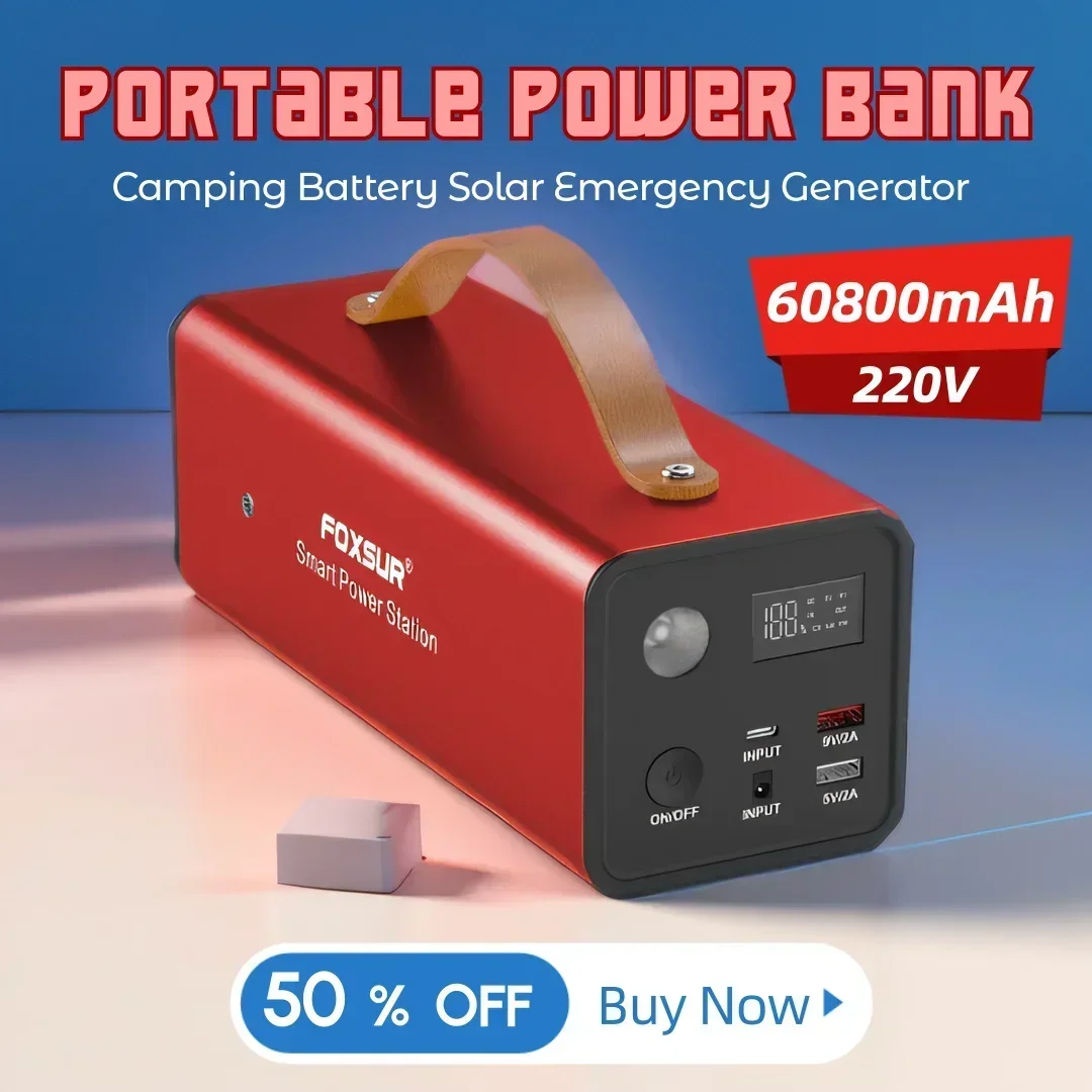 60800mAh Portable Power Station 220V Camping Battery Solar Emergency Generator Power Bank for Self-driving Night Market Stall