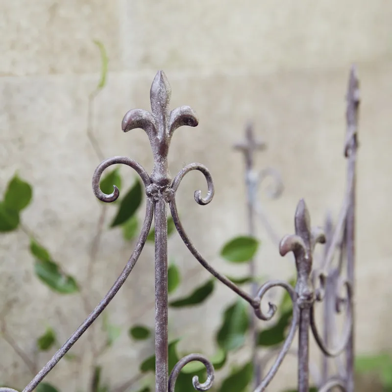 Vintage gardening fence, ironwork, distressed garden decoration, hydrangea tractor, clematis climbing gardening fence