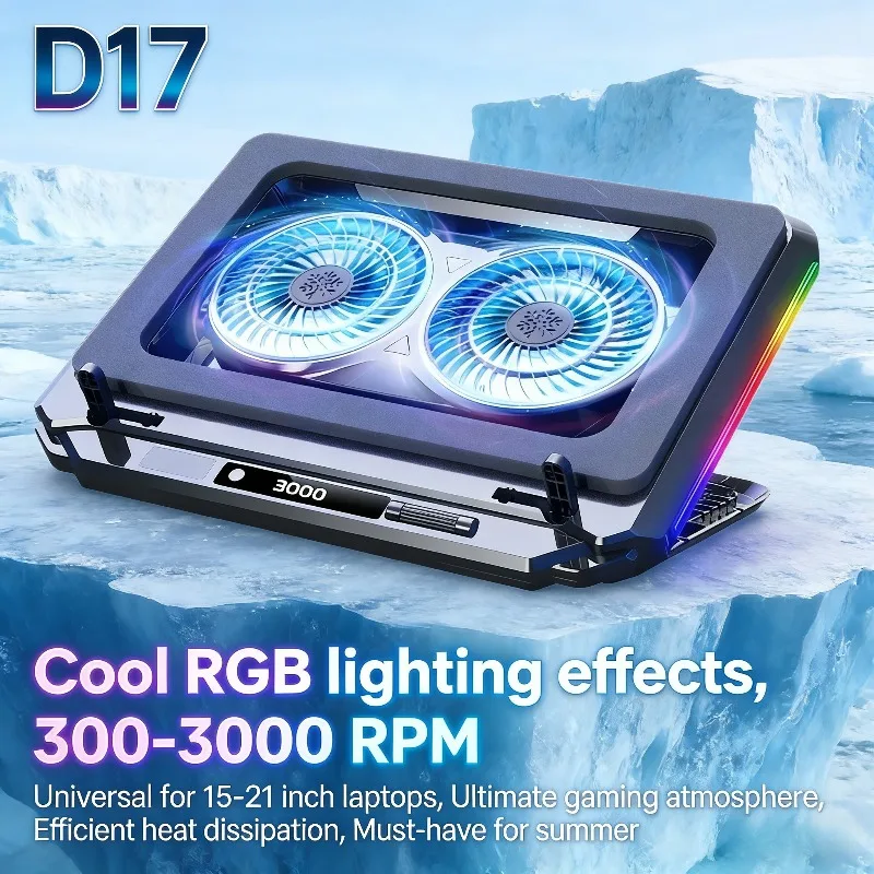 D17 5 Angles Adjustable Notebook Gaming Bracket Cooler with RGB Colorful Light Heat Dissipation Stand 15-21'' Laptop Cooling Pad