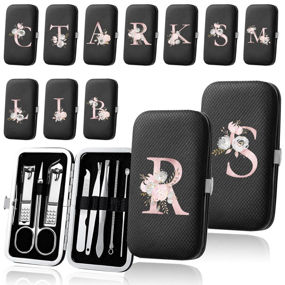

8Pcs Home Manicure Set Stainless Steel Pedicure Tools Nail Clipper Kit Portable Beauty Organizer Case Pink Flower Letter Pattern