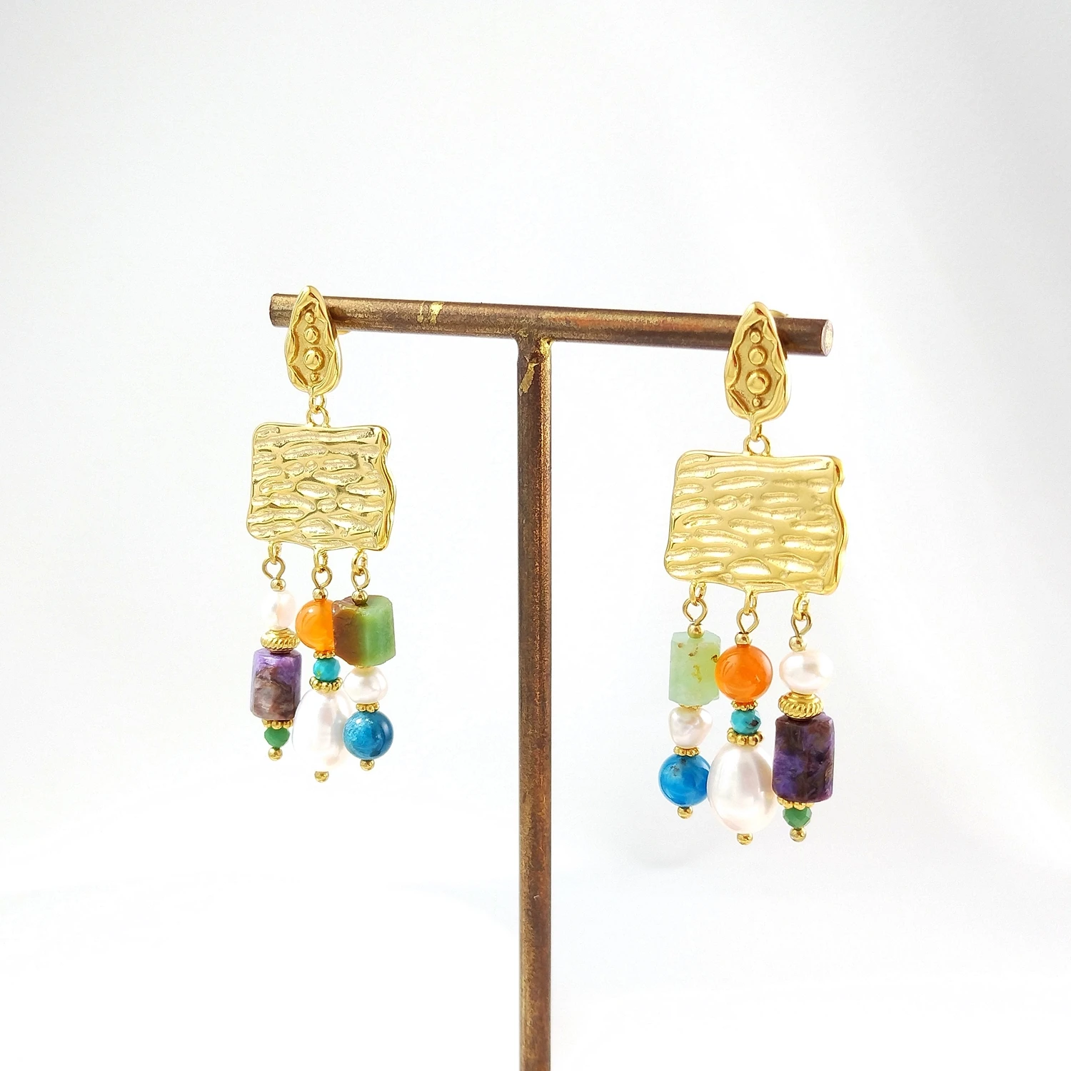 

Lii Ji Natural Stone Charoite Chrysoprase Carnelian Turquoise Freshwater Pearl Stainless Steel Gold Plated Statement Earrings