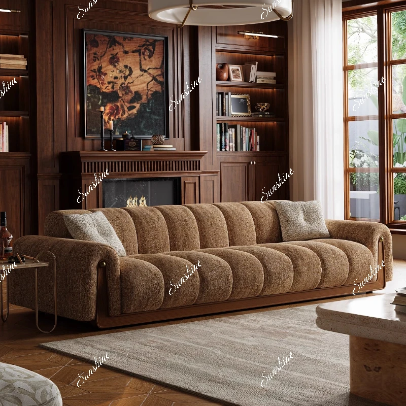 

Retro solid wood fabric sofa four-person straight row large living room medieval