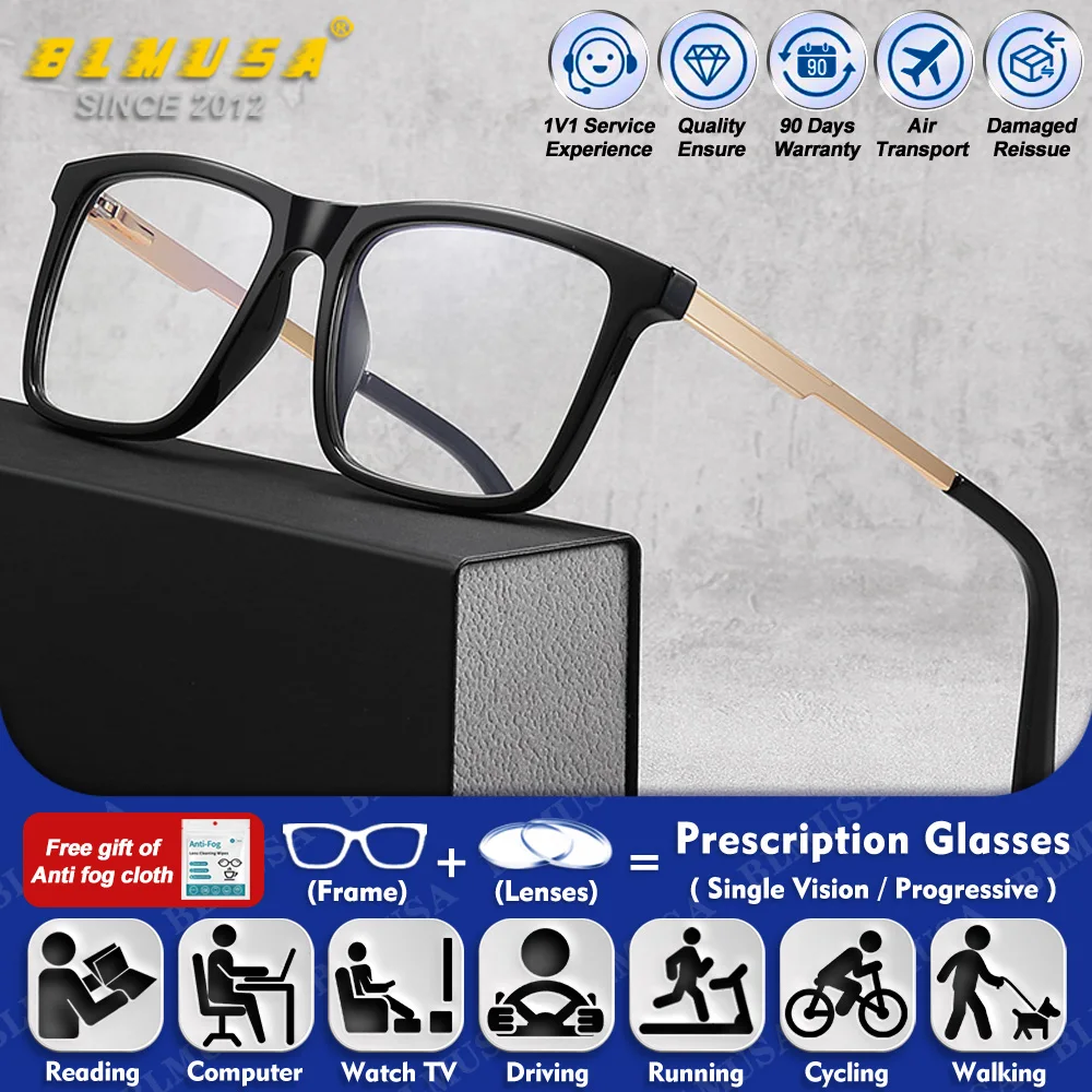 

BLMUSA (L) Minimalist Square Photochromic Myopia Prescription Glasses High Quality Blue Light Filter Progressive Reading Eyeware