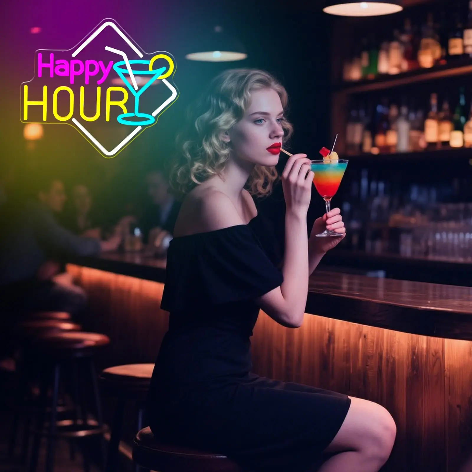 HAPPY HOUR Art Deco أكريليك Happy Hour ضوء النيون لديكور المنزل - اختيار هدية مثالي للاستخدام في الحانات والبارات!