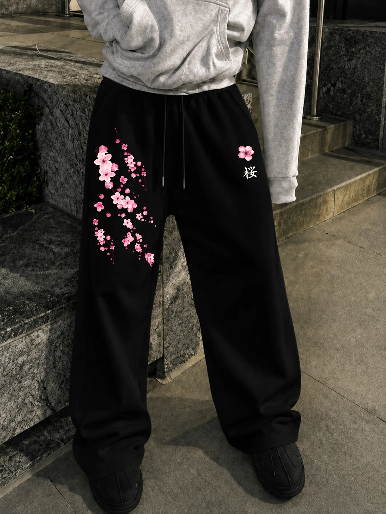 2026 New Men Baggy Wide Leg Sweatpants Cherry Blossom Print Drawstring Elastic Waist Casual Joggers Streetwear Long Trousers