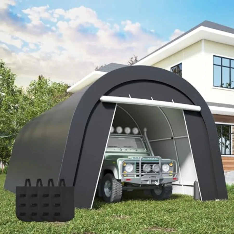 Carport for outdoor parking with PE fabric, gray color, UV-resistant and rainproof with 4 stability sandbags