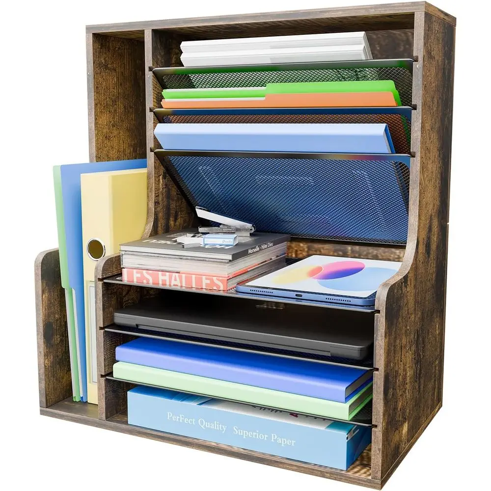 

7-уровневый настольный органайзер для файлов, деревянный лоток для писем, бумажный органайзер с регулируемым держателем для файлов, сетчатый настольный органайзер и место для хранения f
