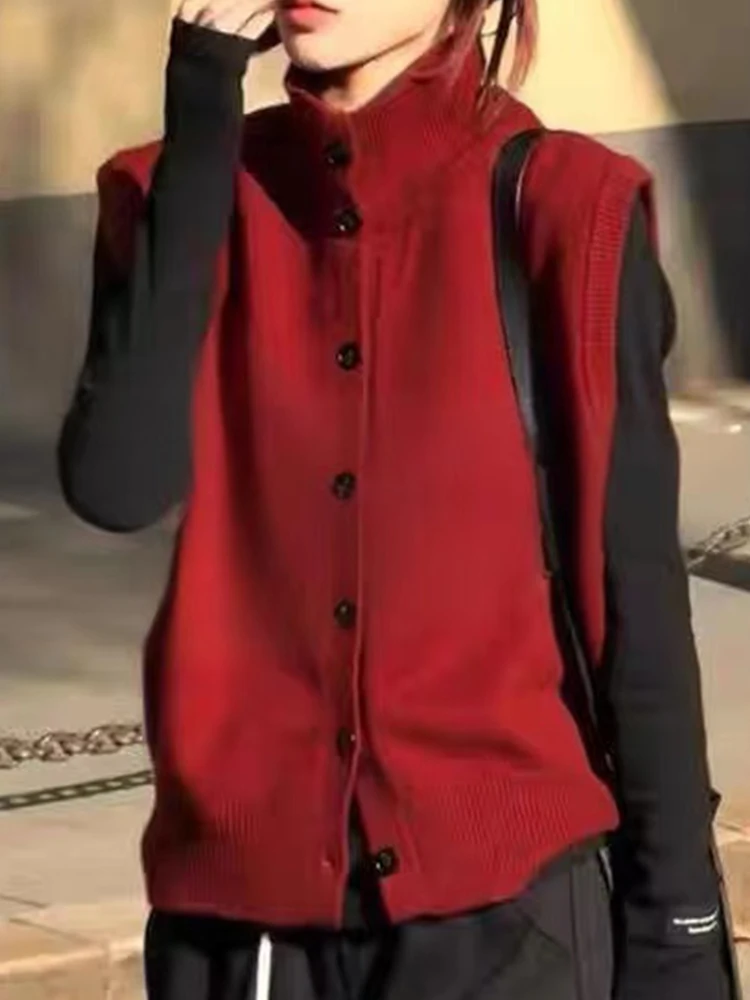 

Свитер, жилет, кардиган, женский осенне-зимний однобортный вязаный жилет без рукавов из чистой шерсти в стиле ретро с высоким воротом, однотонный свободный жилет, топ