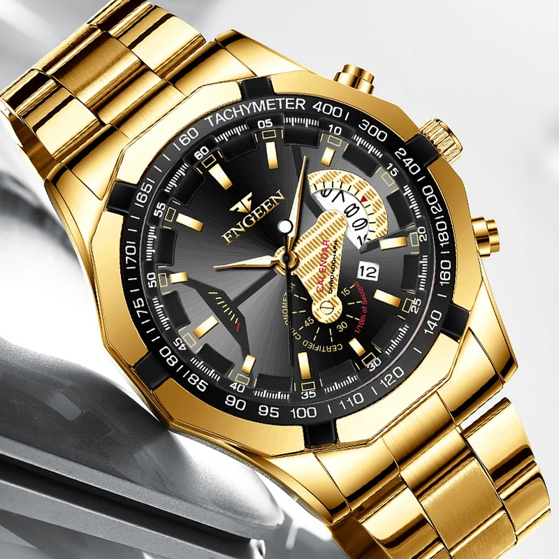 FNGEEN Men's Watches Waterproof Large Dial Calendar Fashion Cause Military Sports Watch Gold Luxury Clock Relogio Masculino