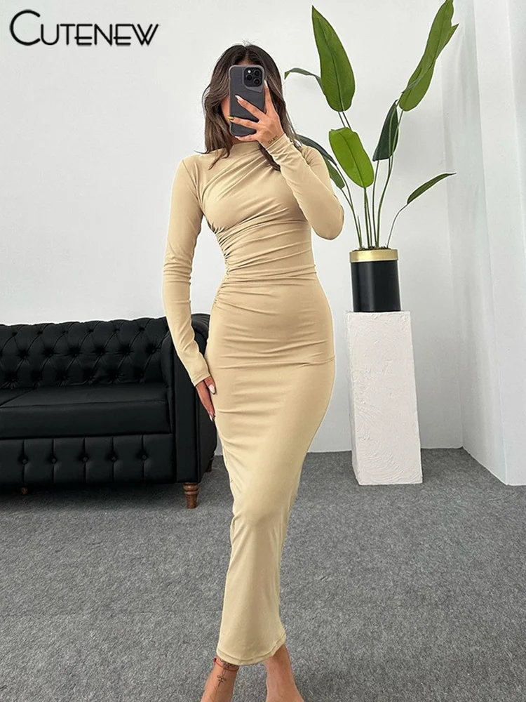 Cutenew dámská elegantní celistvý výstřih do O patchwork maxi šaty plný dlouhé rukávy body-shaping róba paní soumrak attirewear vestidos