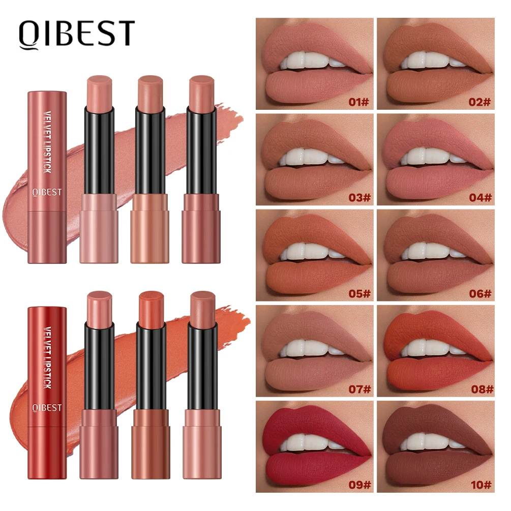 QIBEST Lápiz Labial Mate de Alta Pigmentación, Tinta Labial Nude Mist de Larga Duración, Lápiz Labial Rojo Impermeable, Tinte Labial Cosmético Antiadherente