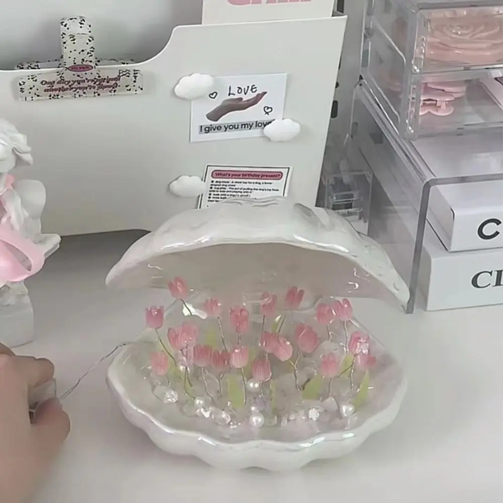 Battery Powered DIY Ceramics Shell Tulip Night Light 20 Flowers Shell Tulip Shape Tulip Atmosphere Lights Simulation Flower