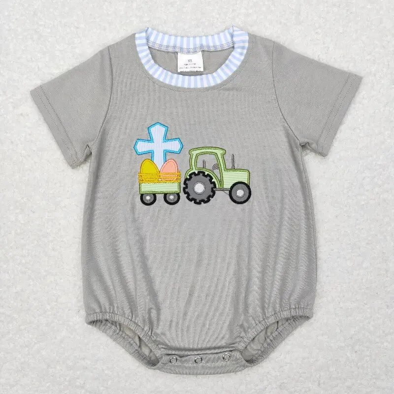 

New rts style Easter Gray boys Rompers Wholesale Boutique Embroidery Cross Easter Egg Truck Pattern Girls Short Sleeve Romper