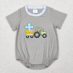 New rts style Easter Gray boys Rompers Wholesale Boutique Embroidery Cross Easter Egg Truck Pattern Girls Short Sleeve Romper