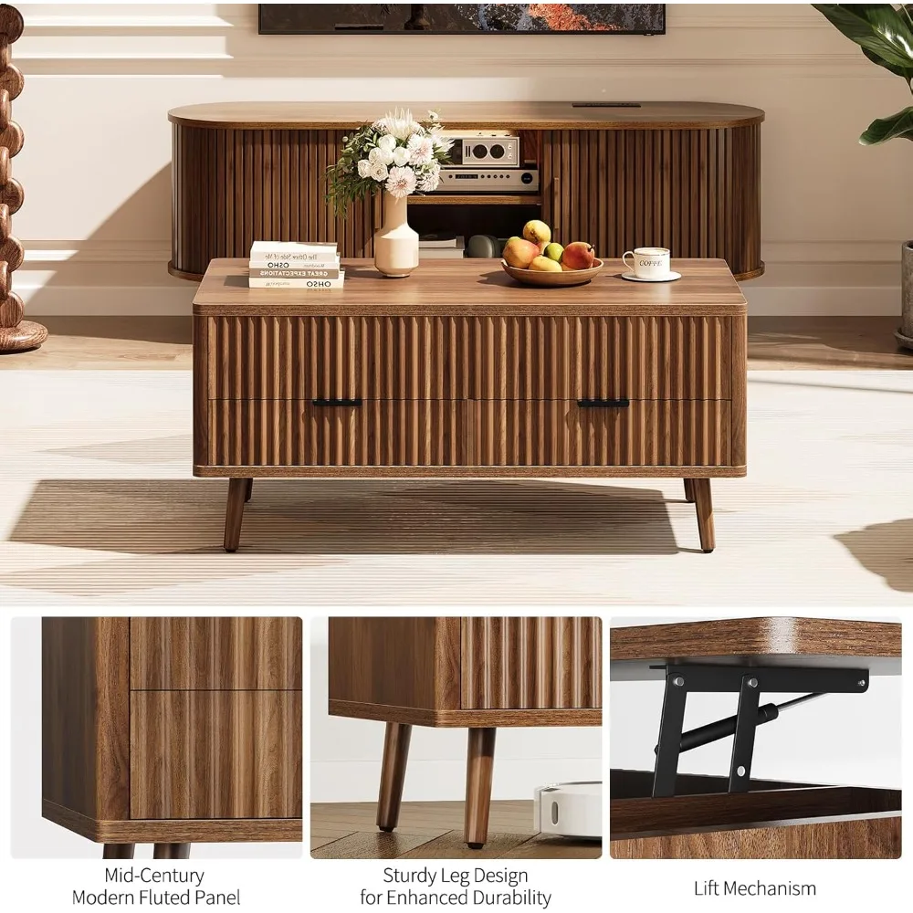 Lift Top Coffee Table with Storage - Fluted Wood Coffee Tables for Living Room with Drawers & Hidden Compartment, Mid Century Mo
