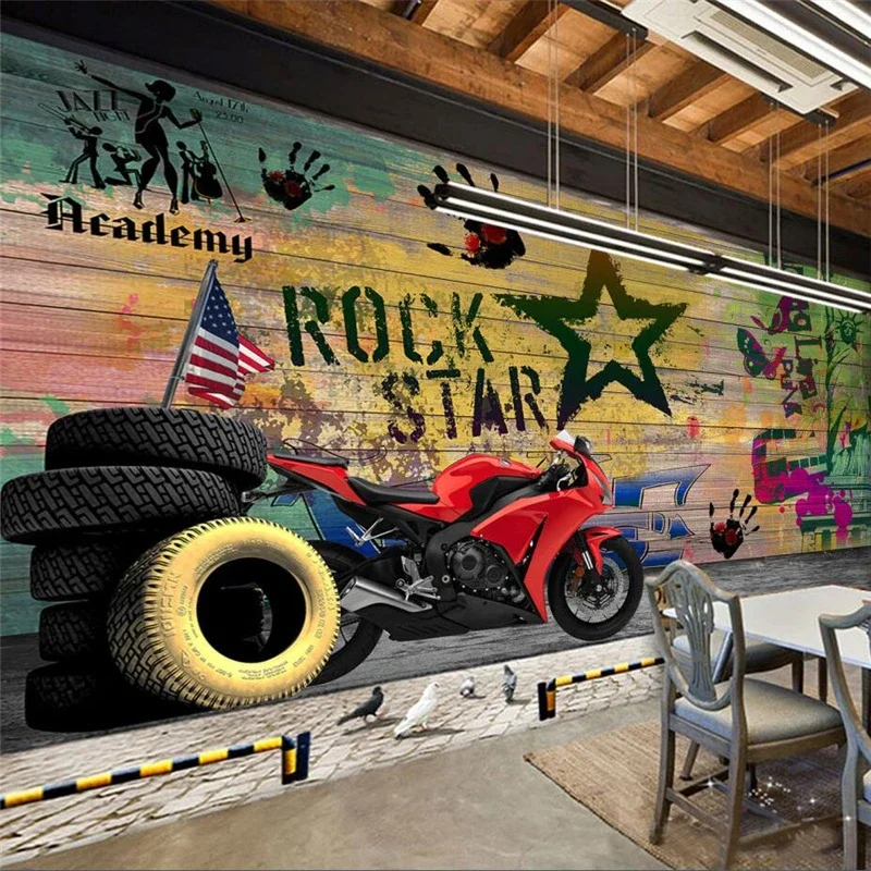 Custom Wallpaper 3d Photo Murals Stereo Retro Nostalgic Motorcycle Bar Background Painting Vintage Car Walking wall paper обои