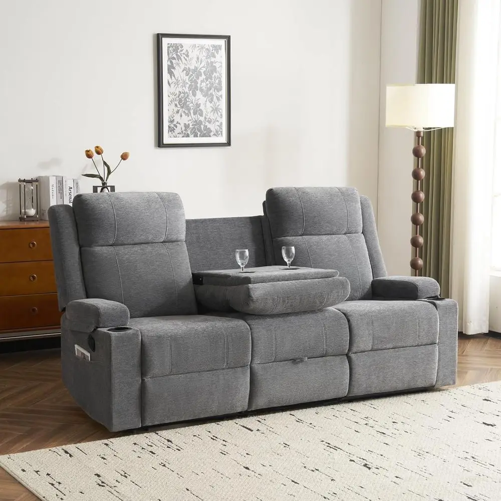 

Space-Saving 3-Seater Reclining Sofa with Ottoman, Cup Holders, and Convertible Table in Gray