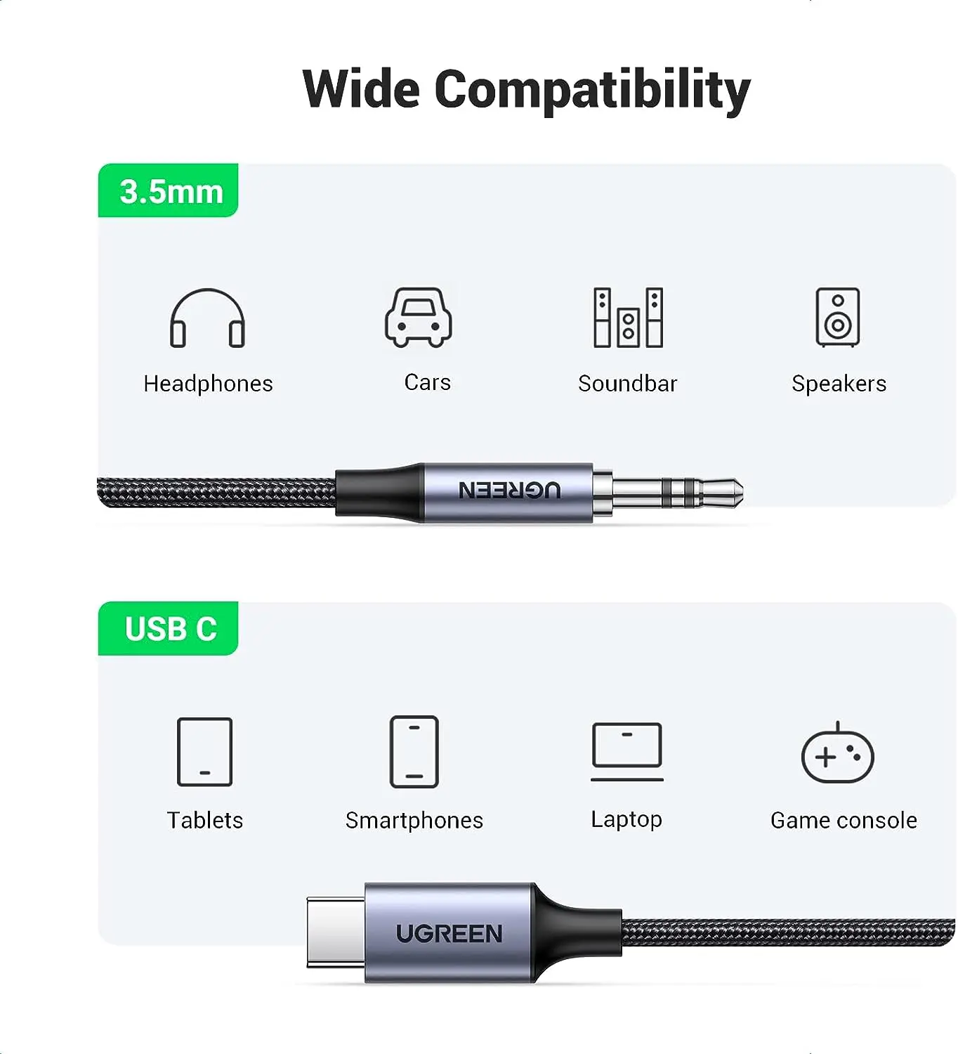 UGREEN Cable USB tipo C a conector auxiliar macho de 3,5 mm para automóvil Adaptador de audio de 3,3 pies Cable trenzado auxiliar para automóvil