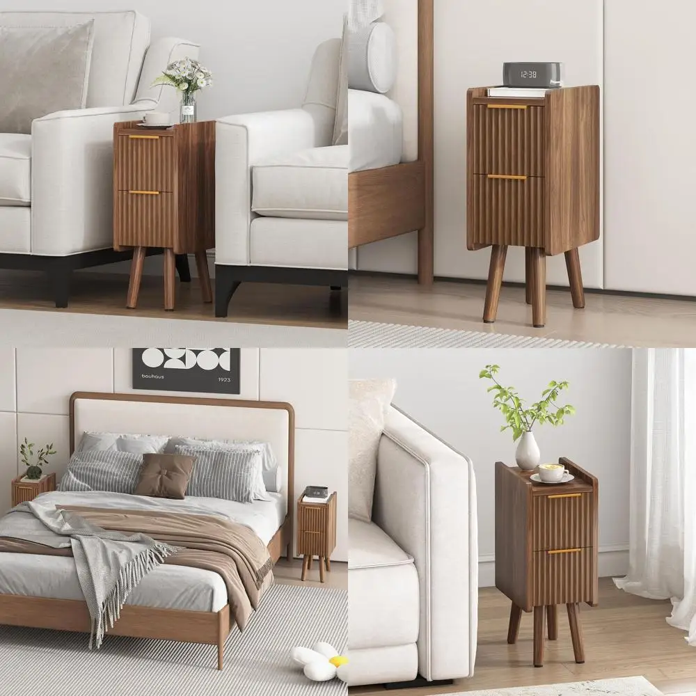 

Walnut Slim Nightstand with Drawers for Compact Spaces - Modern Bedside Table