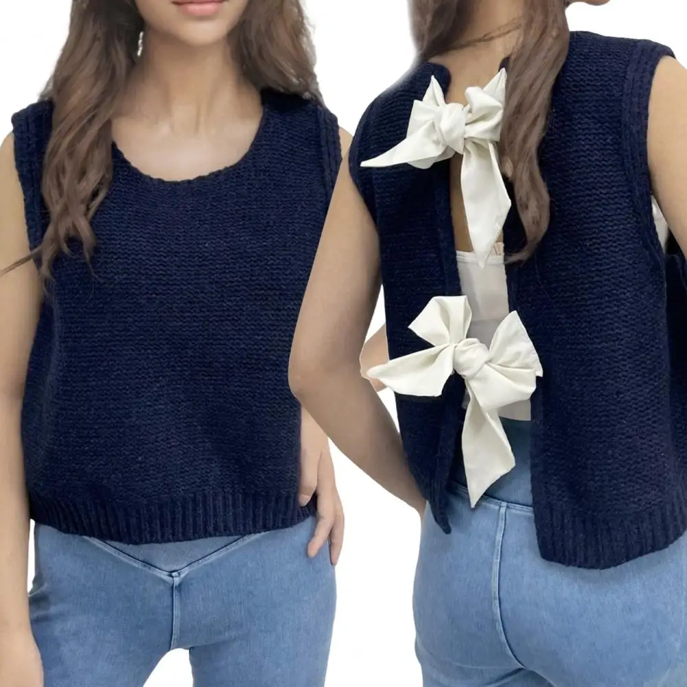 2024 Bow Tie Decor Women Knitted Sweater Vest Round Neck Sleeveless Crop Tank Hollow Back Autumn Winter Short Sweater Vest