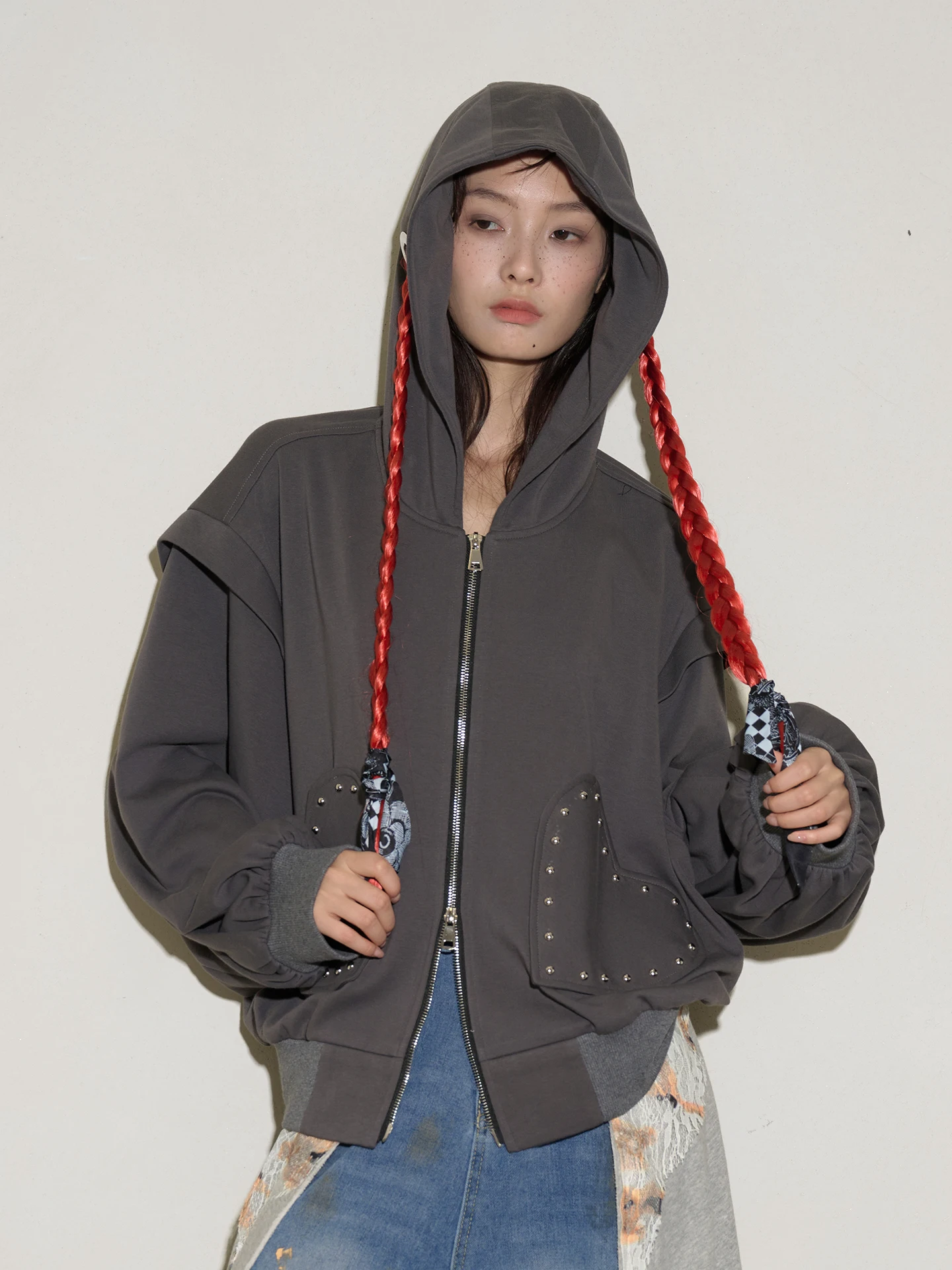 

ay Zipper Hoodie Jaet American Chic Lazy Open Cardigan Women's Loose Fit Street Sle Long Sve ort Length Hat Design