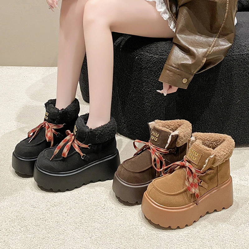 Women Winter Platform Fur Snow Boots Suede Leather Warm Cotton Ankle Shoes Woman New Trend Short Plush Motorcycle Botas De Mujer