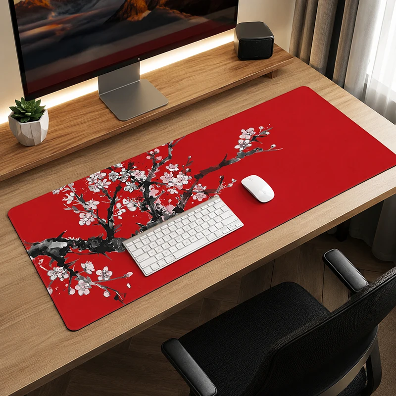 Mouse Pad Gamer Red White Cherry Blossoms XL Custom Mousepad XXL MousePads Office Non-Slip Natural Rubber Computer Table Mat