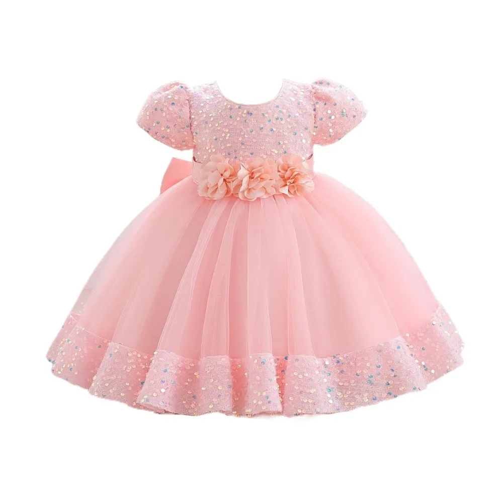 

Elegant Puff Sleeve Girls Princess Evening Dress Bowknot Flower Summer Lace Dress Sweet Shiny Glitter Children Tulle Dress Party